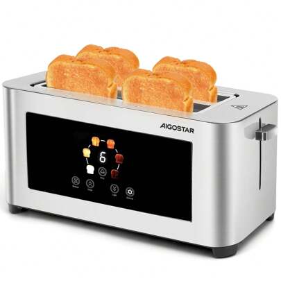 Aigostar Toaster 4 Scheiben, LED-Touchscreen, Toaster Langschlitz, 4 cm extra breite Toastschlitze & Brotzentrierung, 6 Bräunungsstufen, Auftau-, Aufwärm- & Stoppfunktion, 1400W, Edelstahl matt