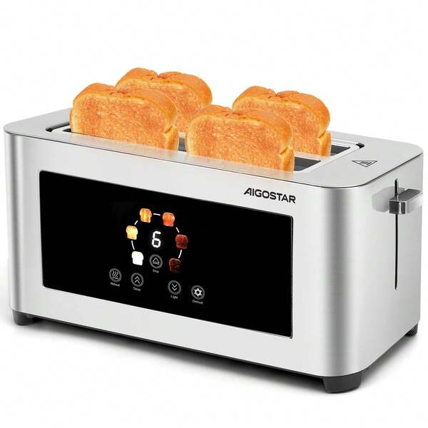 Aigostar Toaster 4 Scheiben, LED-Touchscreen, Toaster Langschlitz, 4 cm extra breite Toastschlitze & Brotzentrierung, 6 Bräunungsstufen, Auftau-, Aufwärm- & Stoppfunktion, 1400W, Edelstahl matt