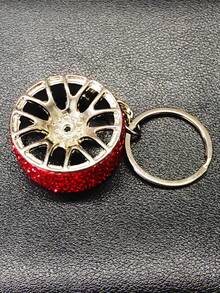 AD 1 pieza Llavero de coche con decoración de rhinestones, llavero con forma de rueda de coche de aleación de zinc - Rojo - Ver 5