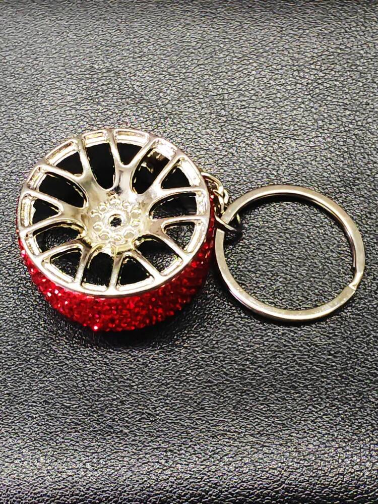 AD 1pc Rhinestone Decorated Car Key Chain, Zinc Alloy Car Wheel Shaped Keychain Accessory - Red - View 5