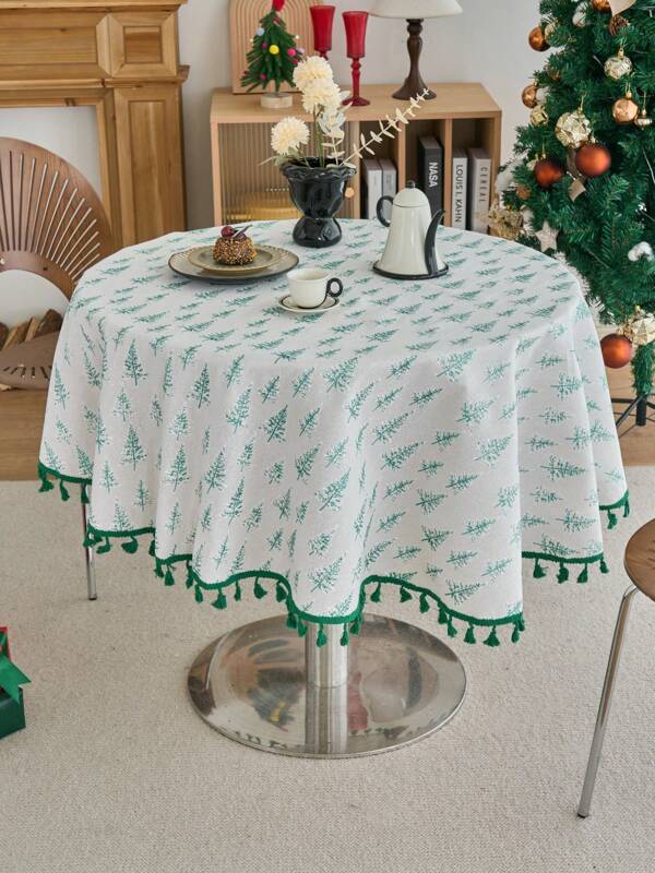 1 pieza Mantel redondo navideño, base blanca con estampado de árbol de Navidad dorado, mantel de decoración de cocina con borlas verdes, adecuado para reuniones familiares navideñas, crea un ambiente festivo