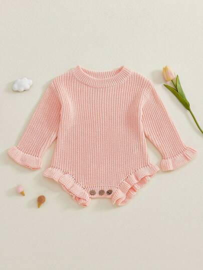 Baby Fall Knit Romper Solid Color Long Sleeve Round Neck Ruffled Sweater Jumpsuit