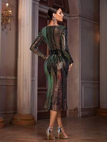 Women's Elegant Woven Fabric Sequin Patchwork - Green - View 2