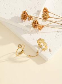 1PC Fashionable Unique Personalized Finger-Linked Stainless Steel Gold-Plated Open Adjustable Ring For Women Exquisite Waterproof Daily Wedding Party Jewelry Gift