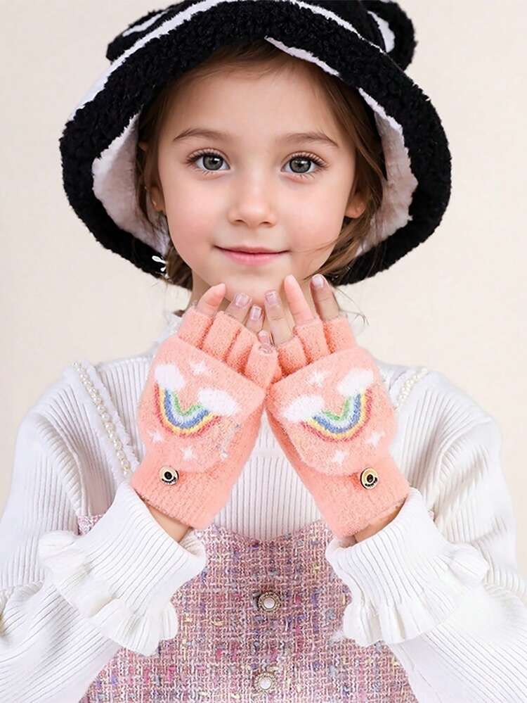 1 Pair Girls' Rainbow Flip-Top Warm Protective Cute Fingerless Gloves, Suitable For Outdoor Activities And Daily Use - Dark Pink-rainbow - View 2