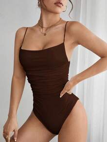 Women's Summer Bodysuit, Thin Straps With Ruched Side Details - Cà phê nâu - Xem 2