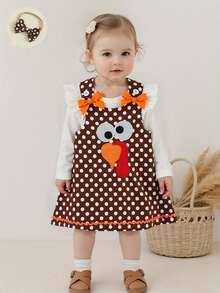 Infant Baby Girl Clothes Set Long Sleeve Solid Color Romper And Turkey Embroidery Dot Dress With Headband 3Pcs Outfit - White - View 4
