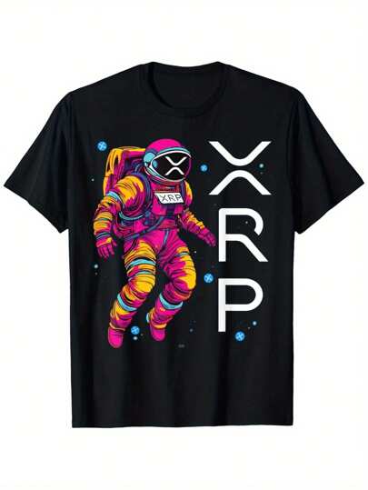 Spaceman Xrp Astronaut Cryptocurrency Boyfriend Girlfriend T-Shirt, 100% Cotton Astronaut T-Shirts For Men Women, 180g, Round Neck, Black, Size S-XXXL