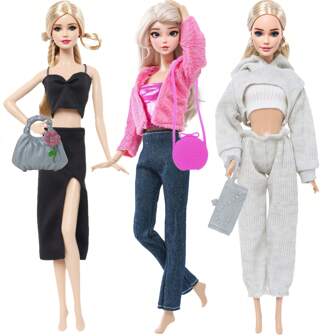 فساتين كاجوال + أعلى وبنطلونات أطقم ملابس دمية بنات 11.5 بوصة، 3 أطقم ملابس دمية + 3 حقائب جميلة إكسسوارات، ألعاب تنكر الدمية هدايا عيد الميلاد وأكياس الجوارب (الدمية غير مشمولة)
