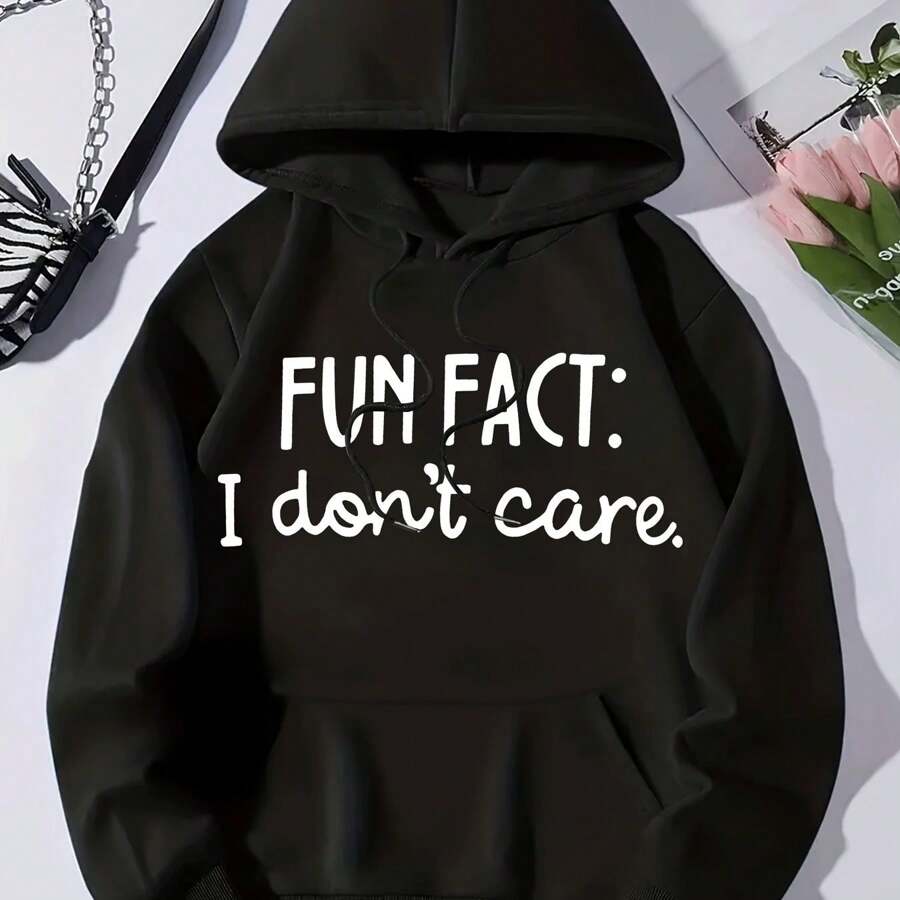 Graphic Hoodie Women's Casual Blended Hoodie With The Words "Funny: I Don't Care", Long-Sleeved Pullover, Pocket, Four-Season Knitted Fabric Hoodie, Casual Black Casual Pattern Hoodie, Sweater Hoodie - Black - View 1