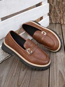 女士简约乐福鞋，时尚朋克圆头中跟鞋，舒适时尚，百搭休闲鞋 - 棕色 - 查看 2