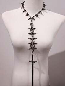1 件时尚朋克风格黑色刺钉铆钉装饰长项链，街头休闲装 - 彩色 - 查看 3