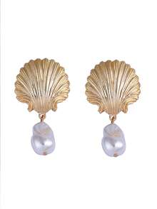ZAA Shell Pearl Pendant Earrings, Personalized And Luxurious, Simple And Fashionable Earrings, Alloy Scallop Faux Pearl Pendant Earrings, Ocean Leisure Vacation Style Women's Earrings