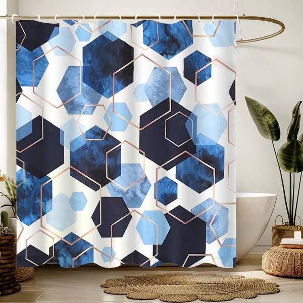 1 pieza Conjunto de cortina de ducha azul, diseño geométrico moderno, conjunto de baño azul marino con 12 ganchos