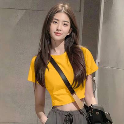 여성용 솔리드 컬러 크롭핏 섹시 크롭 탑 티셔츠