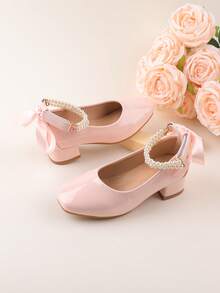 Conjunto de Vestido Formal Combinando, Sapatos de Performance, Sapatos de Balé Mary Jane Princesa, Sapatos de Couro Sintético Pequenos, Adequados para Casamento, Festa, Reunião, Feriado, Sapatos Fofos de Dama de Honra para Meninas de Todas as Idades, Saltos de Pérola com Laço Rosa da Moda, Sapatos de Salto Grosso Elegantes para Todas as Estações e Festivais - Rosa chiclete - Visão 8
