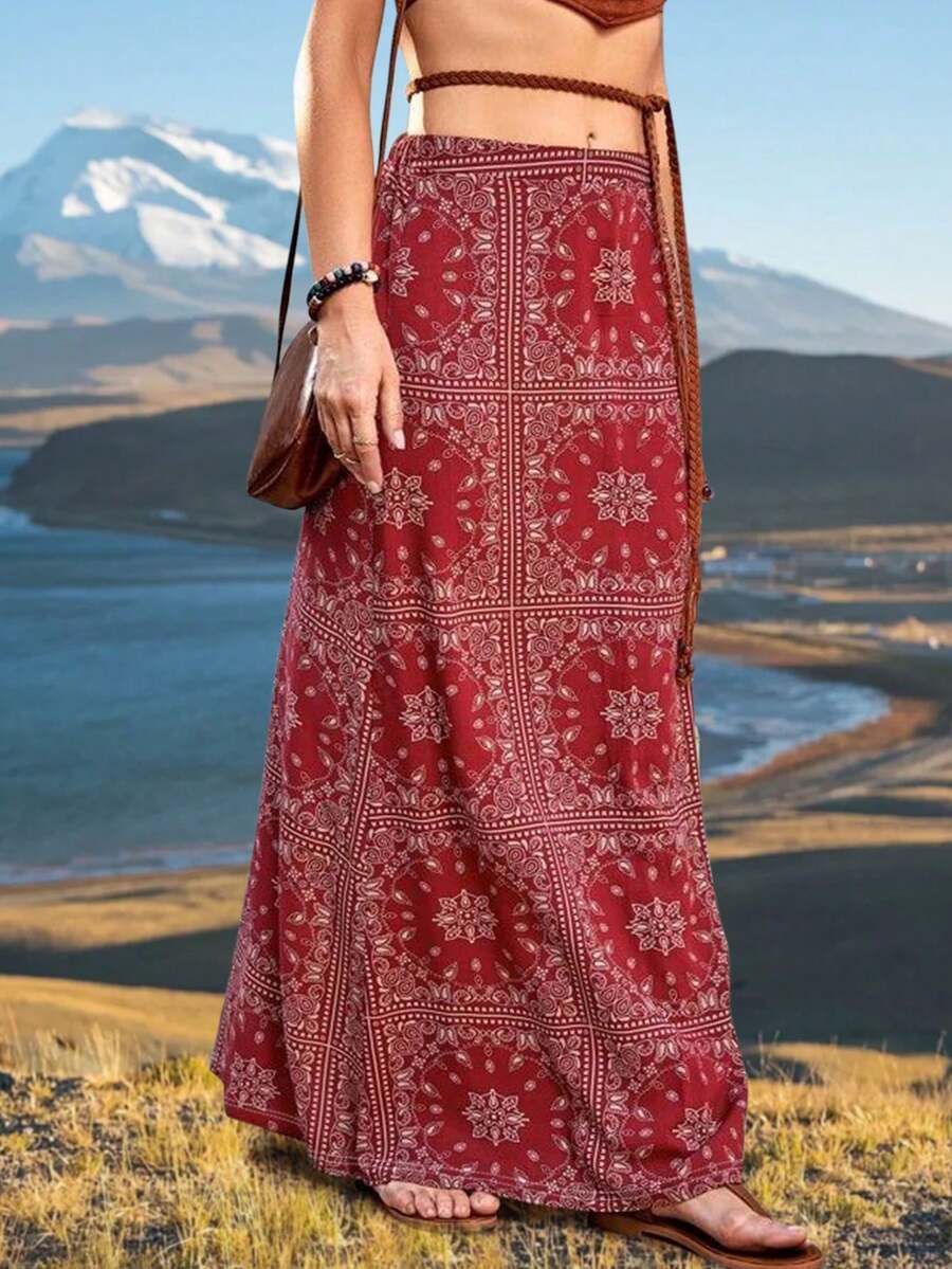 Spring And Summer Popular New Hot Style Fashion Casual Vacation Style Light And Elegant Ladies All-Match Slim Fit Out Home Travel Work Preferred Summer New Fashionable Casual Vacation Style Printed Women's Skirt - 紅色 - 查看 1