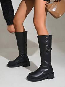 女式中筒骑士靴，2024年秋冬新款，带扣设计，高筒，厚底，过膝靴 - 黑色 - 查看 3
