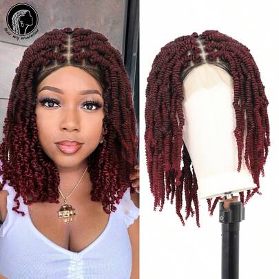 Full Double Lace Braided Wigs Knotless Spring Twisted Braids Wigs Passion Twist Wigs For Women 16 Inches Synthetic Lace Front Bob Braid Hair Wigs