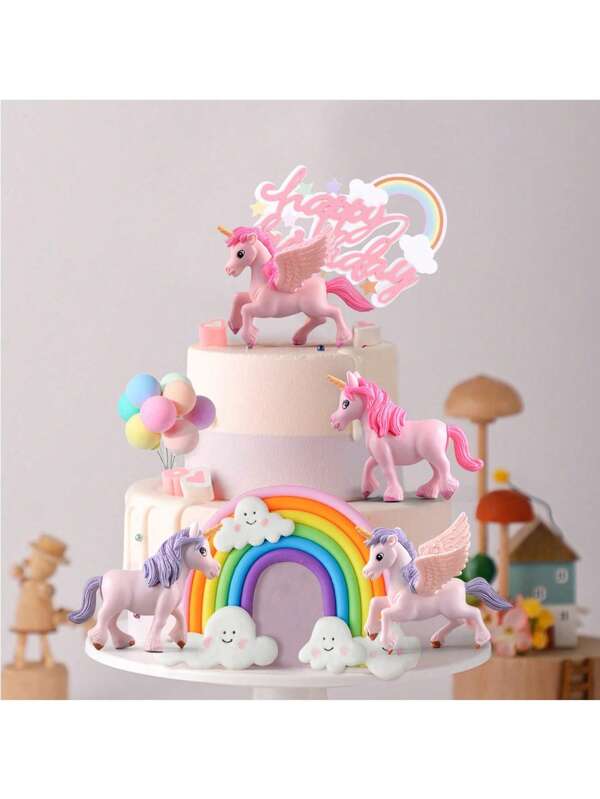 13 件套彩虹飞马独角兽主题蛋糕装饰适用于生日婴儿洗礼婚礼派对蛋糕装饰