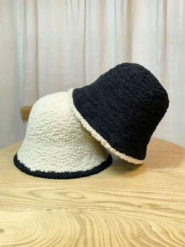 1pc Women's Color Block Fuzzy Bucket Hat, Versatile For Autumn/Winter Daily Use Winter Outfits