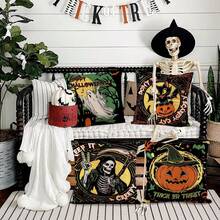 4 pièces Taie d'oreiller Décoration Taie d'oreiller Chat d'Halloween Effrayant Citrouille Fantôme Vintage Décoratif Canapé Lit Extérieur Intérieur Set de Cuillères Imprimé sur un seul côté sans Oreiller - Multicolore - Voir 5