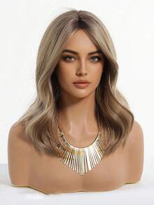 20 英寸长波浪渐变棕色合成假发中分浅金色长卷发假发，适合女士日常派对角色扮演假发、度假旅行家庭派对日常穿着、母亲节礼物、开斋节礼物 - 棕色 - 查看 5