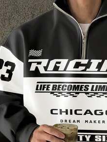 Men's Fashion Letter & Racing Graphic Print Colorblock Half-Zip High Neck Sweatshirt, Suitable For Autumn/Winter, Long Sleeve Top - Black - View 6