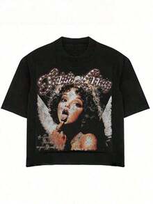 Size Plus Men's Round Neck Short Sleeve T Shirt  Vintage Graphic Tee With Woman Portrait & Rhinestone Detail 1pcs 220g Graphic Digital Print T Shirt  Saints Living  100% Cotton Casual Tee Streetwear Summer - màu đen - Xem 2