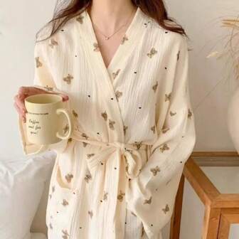 1 Piece Nightgown Bathrobe Spring And Autumn Minimalist European Style Long Sleeve Bathrobe/Kimono, Teddy Bear Print, Lightweight Solid Color, New Style For Spring And Autumn, Comfortable V-Neck Bathrobe With Long Sleeves And Pockets, Women's Casual Nightgown Robe