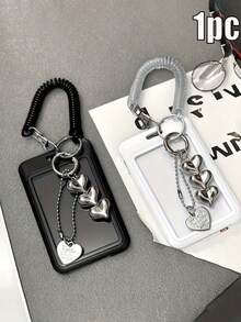 1 pezzo Portachiavi retrattile con ciondolo a forma di cuore bianco e nero, accessorio durevole e alla moda per le donne, design in plastica carino e funzionale, accessorio essenziale per il campus, portachiavi alla moda, ciondolo a forma di cuore in metallo, adatto per tessere identificative, carte di credito, abbonamenti e chiavi
