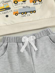 Toddler Baby Boys Fall Winter Outfit Fashionable Tool Cart Print Long Sleeve Sweatshirt Pullover Tops With Solid Color Pants 2 Pcs Outfits - Beige - View 8