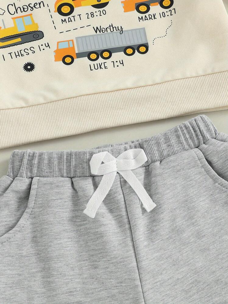 Toddler Baby Boys Fall Winter Outfit Fashionable Tool Cart Print Long Sleeve Sweatshirt Pullover Tops With Solid Color Pants 2 Pcs Outfits - 米色 - 查看 8