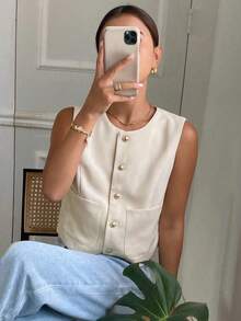 Chaqueta de mujer de unicolor, cuello redondo, sin mangas, ajustada, adecuada para primavera, verano y otoño - Albaricoque - Ver 3