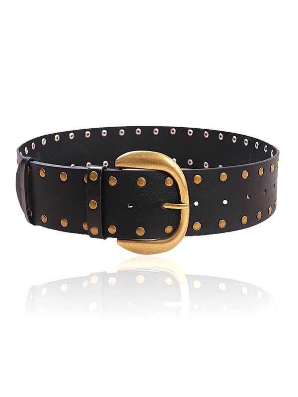 1pc Women's Retro Western Cowgirl Style Handmade Studded Buckle PU Leather Belt, Versatile For Jeans, Dresses, Streetwear Fall, Autumn, Halloween