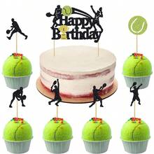 1/13 Piezas Decoraciones de Pastel de Cumpleaños de Tenis Letrero de Feliz Cumpleaños Decoración para Pastel de Jugador de Tenis con Raqueta y Pelota Suministros para Fiesta de Cumpleaños Temática Deportiva Decoración Brillante Negra - Multicolor - Ver 11