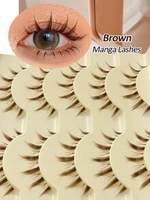 Rikuaild 5 Pairs Brown Cartoon False Eyelashes, Anime Style, Natural Soft Brown Lash Extension, Reusable Transparent Band, Natural Pointed False Eyelash Strips, Eyelashes - Bulu Mata Manga Runcing - View 3