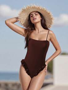 Traje de baño monokini para mujer, color sólido, tirantes finos, volantes, sin mangas, traje de baño de verano, bikini - marrón rojizo - Ver 2