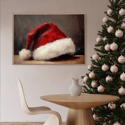 1pc, Canvas Wall Art, Framed Wall Decor, Vintage Santa Hat, Vintage Santa Claus Oil Painting, Classic Santa Hat Canvas Print, Santa Claus Poster, Christmas Wall Art, Christmas Decorations, Christmas Poster, Minimalist Winter Wall Decor