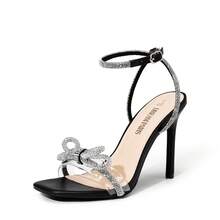 Women's Double Bowknots Crystal Sandals Clear Slingback Heels Square Toe Shoes For Party Wedding - màu đen - Xem 1