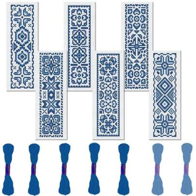 6pcs Set Blue & White Porcelain Cross-Stitch Bookmark DIY Art Kit - Including 6pcs Printed Cross-Stitch Fabric, Abundant Threads, Sewing Tools (Color Random) And English Instructions - Simple Operation Suitable For Beginners & Craft Lovers - Can Be Used As Bookmarks, Home Decor, And Gifts