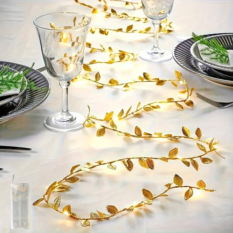 Golden Leaf Garland Fairy Lights – 6.56ft Christmas Rope Lighting With 20 LED, Battery Operated Indoor String Lights For Bedroom, Wedding, Home Decor – Plastic, Switch Control, No Plug/Battery