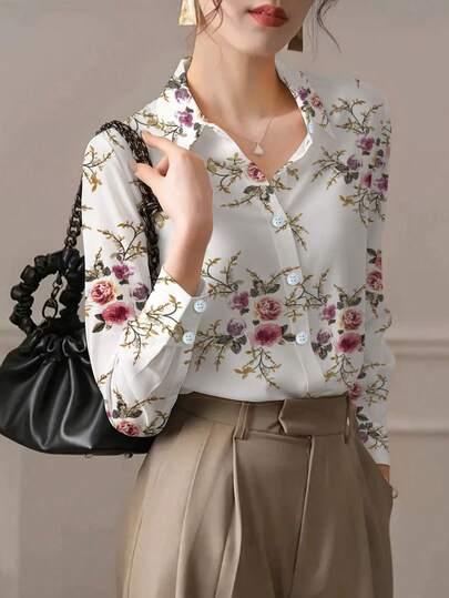 Elegant Women's Floral Print Long Sleeve Collared Shirt, Suitable For Work And Casual Styles