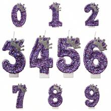 1pc Sparkling Birthday Number Candle, 3D Design Cake Birthday Party Wedding Anniversary Celebration Supplies, Purple Crown Theme Birthday Decoration, Happy Birthday Party Supplies, Number 0 1 2 3 4 5 6 7 8 9