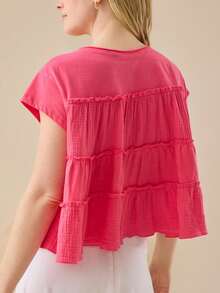 Women Y2k Solid Color Babydoll Blouse Pleated Ruffle Hem Flowy Crop Tops Loose Fit Short Sleeve Round Neck T Shirt Summer Going Out Tops Daily Casual Streetwear - Đỏ - Xem 2