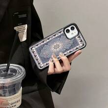 1pc Vintage Blue & Black Floral Pattern Full Screen TPU Phone Case Suitable For Apple/ Phones - Black - View 3