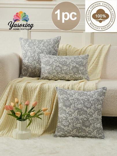 1 件 100% 纯棉灰色佩斯利花朵装饰靠垫套（无填充物），现代花卉抱枕套，适用于家庭、沙发、客厅家居装饰床上用品沙发抱枕套 [无枕芯]，适合日常使用，高端简约设计，客厅、卧室、小型车