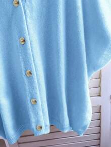 FOR BEAUTY Spring/Summer New Blue V-Neck Button Short Sleeve Top, Oversized Knit Cardigan With Dropped Shoulder Design, Lightweight Knit Sweater, Suitable For Women Casual/Holiday, Must-Have For New Year - Water Orchid - View 10