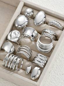 13pcs/3pcs Fashion Minimalist Elegant Vintage Asymmetrical Geometric Liquid Design Chunky Statement Rings Set, Suitable For Holiday, Party, Date, Gift, Daily Wear - 銀色 - 查看 10