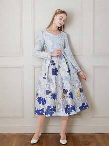 Luxurious Jacquard Elegant Long Sleeve Party Dress, Autumn/Winter